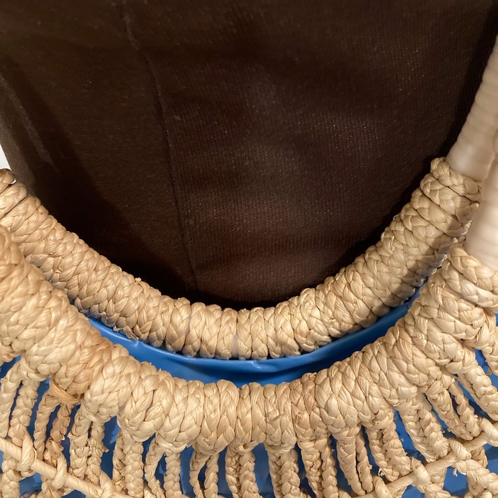 Boho Woven Purse Shopping Tote Lined With Blue Plastic Beach Tote Macrame Look - Picture 16 of 16